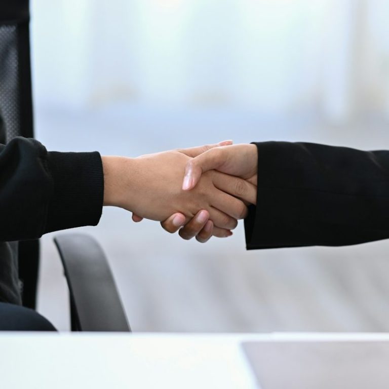 Two hands shaking in a professional setting.